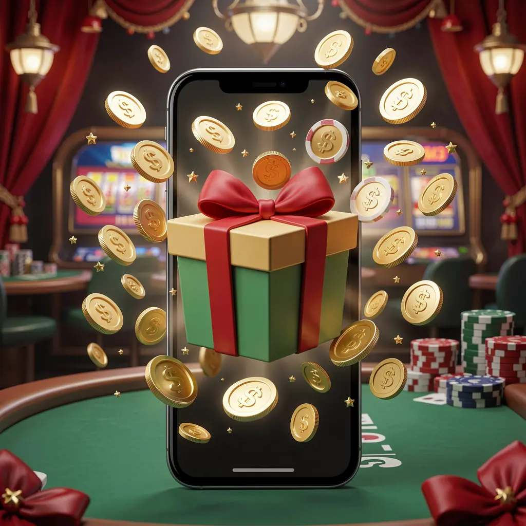 MBI7 mobile casino bonus app concept showing a phone screen with a gift box and coins bursting out in a festive casino atmosphere