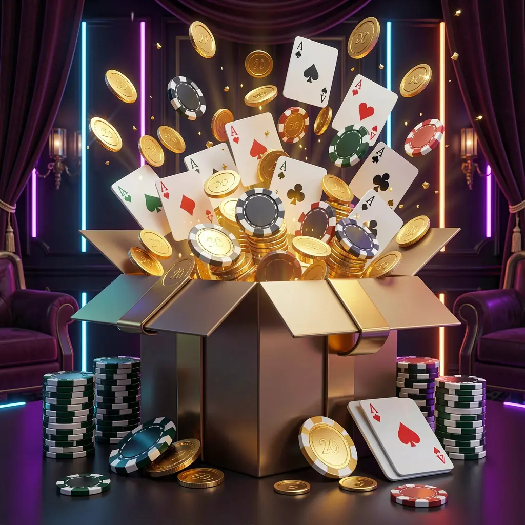MBI7 online casino bonus gift box exploding with golden coins, poker chips, and playing cards against a dark luxury background with glowing neon accents