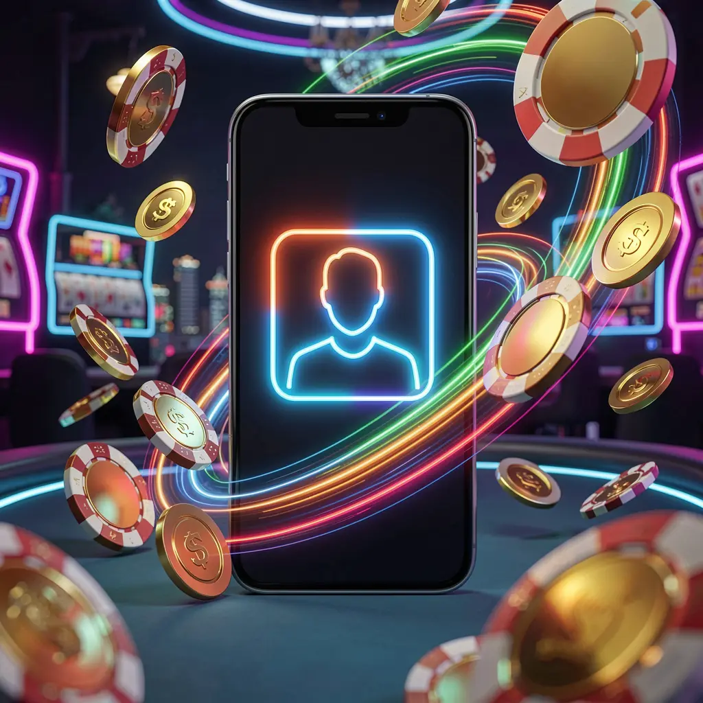 MBI7 fast casino login banner featuring a smartphone with a bright user icon, speed light trails, and golden coins and chips flying around in a modern neon casino style with high detail 3D render