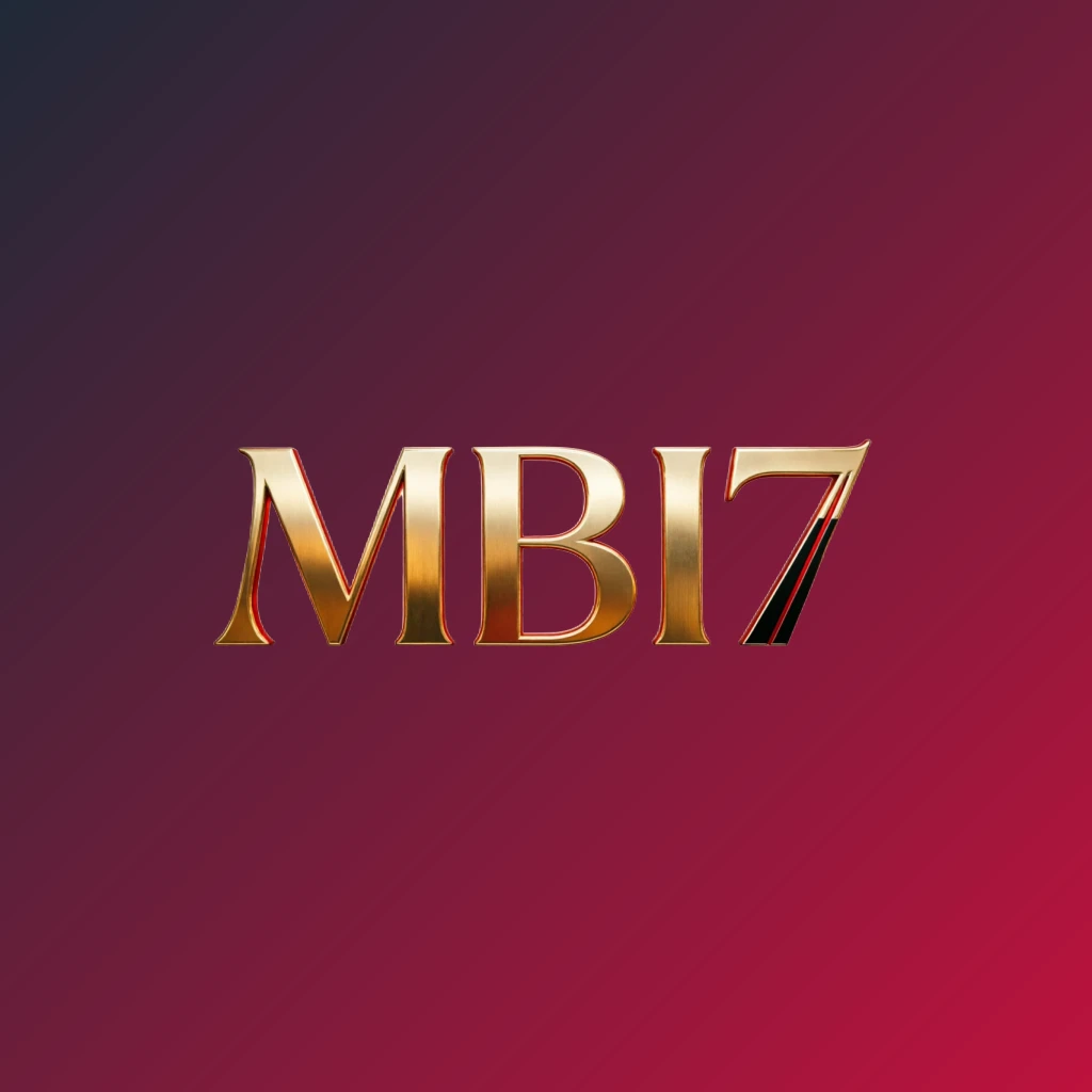 Luxury casino logo for MBI7 featuring rich gold gradient text with red and black accents, elegant lighting effects, designed in a horizontal rectangular wordmark style for a high-end entertainment website header