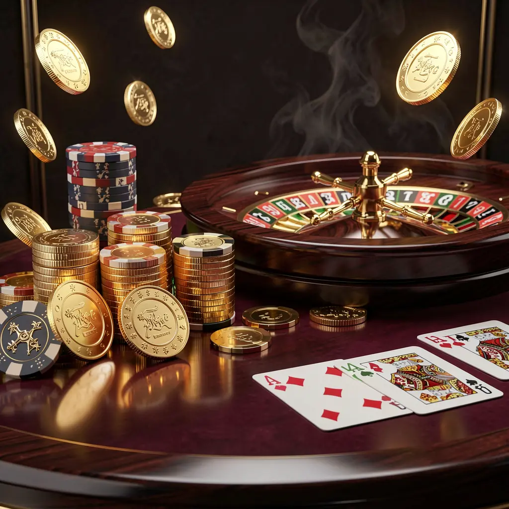 MBI7 premium online casino banner featuring golden coins, glowing chips, roulette wheel, and cards on a glossy table with an elegant dark background in a high detail realistic 3D render
